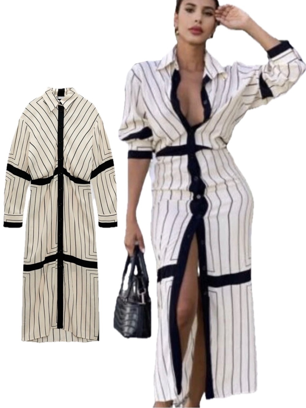 Zara Cream and Black Stripe Long Sleeve Collared Button Down Midi Shirt Dress